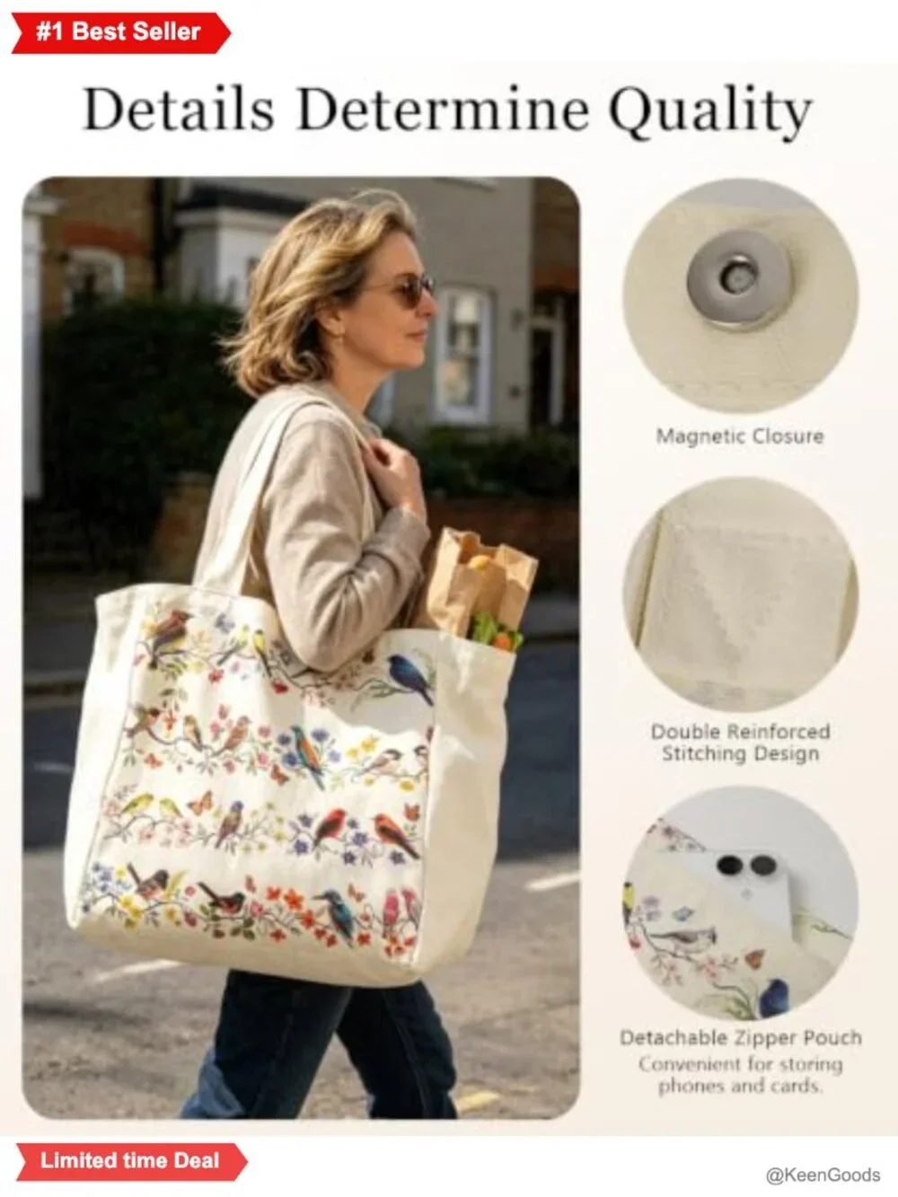 Canvas Tote Bag 8 Pocket Rigid Base & Pouch Floral Vintage Heavy Duty